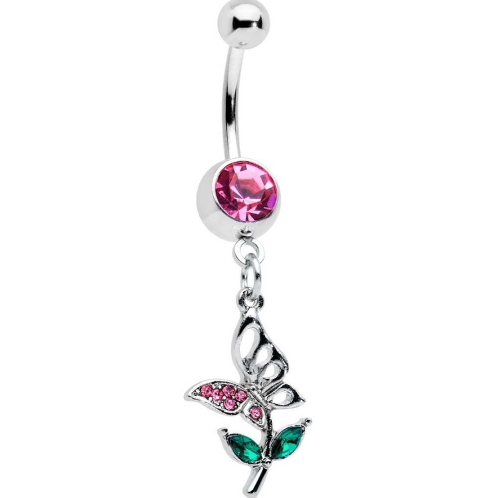 Butterfly Charm Silver Earrings with Pink and Green Accents
